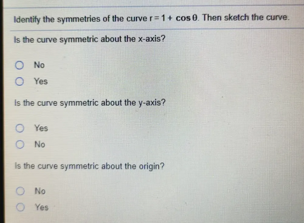 Solved: Identify the symmetries of the curve r=1+cos θ. Then sketch the ...