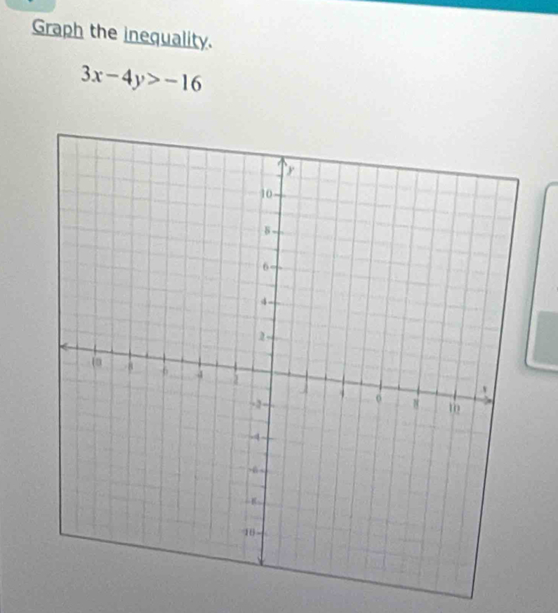 Graph the inequality.
3x-4y>-16