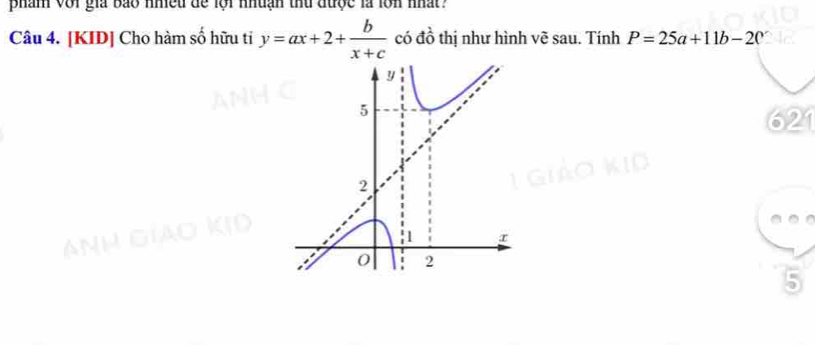 pham vớr gia bão nmeu de lội nuạn thứ được là lon nhất ?
Câu 4. [KID] Cho hàm số hữu tỉ y=ax+2+ b/x+c  có đồ thị như hình vẽ sau. Tính P=25a+11b-20
62
5