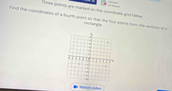 Calnulator 
not sllowed 
Three points are marked on the coordinate grid below 
Find the coordinates of a fourth point so that the four points form the vertices of a 
rectangle. 
Watch video