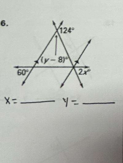 124°
a
(y-8)^circ 
60°
2x°
_ 
_