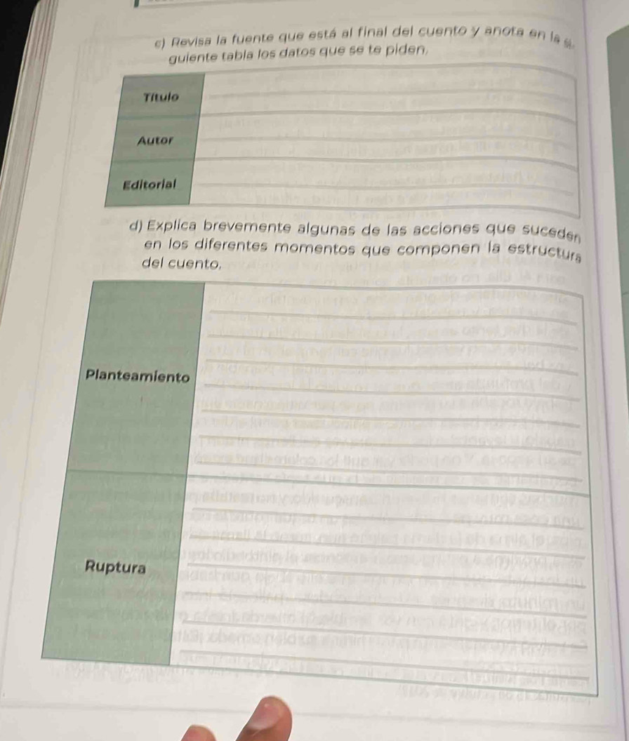 Revisa la fuente que está al final del cuento y anota en la 
atos que se te piden. 
d) Explica brevemente algunas de las acciones que suceden 
en los diferentes momentos que componen la estructur 
del cuento 
_