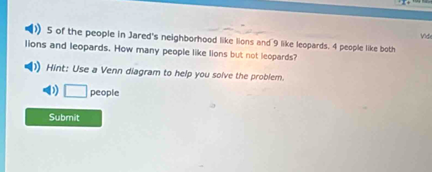 Vide
5 of the people in Jared's neighborhood like lions and 9 like leopards. 4 people like both 
lions and leopards. How many people like lions but not leopards? 
Hint: Use a Venn diagram to help you solve the problem. 
) □ people 
Submit