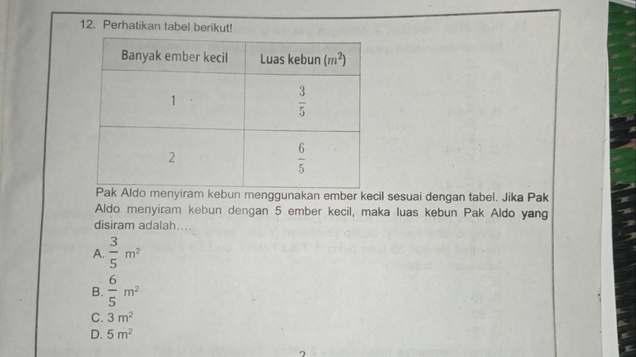 Perhatikan tabel berikut!
m kebun menggunakan ember kecil sesuai dengan tabel. Jika Pak
Aldo menyiram kebun dengan 5 ember kecil, maka luas kebun Pak Aldo yang
disiram adalah....
A.  3/5 m^2
B.  6/5 m^2
C. 3m^2
D. 5m^2