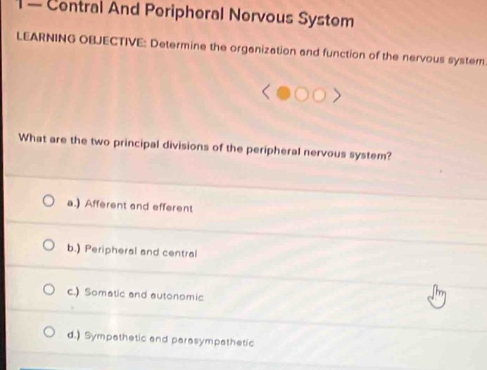 1 — Contral And Peripheral Nervous System
LEARNING OBJECTIVE: Determine the organization and function of the nervous system
What are the two principal divisions of the peripheral nervous system?
a.) Afferent and efferent
b.) Peripheral and central
c.) Somatic and autonomic
d.) Sympathetic and parasympathetic