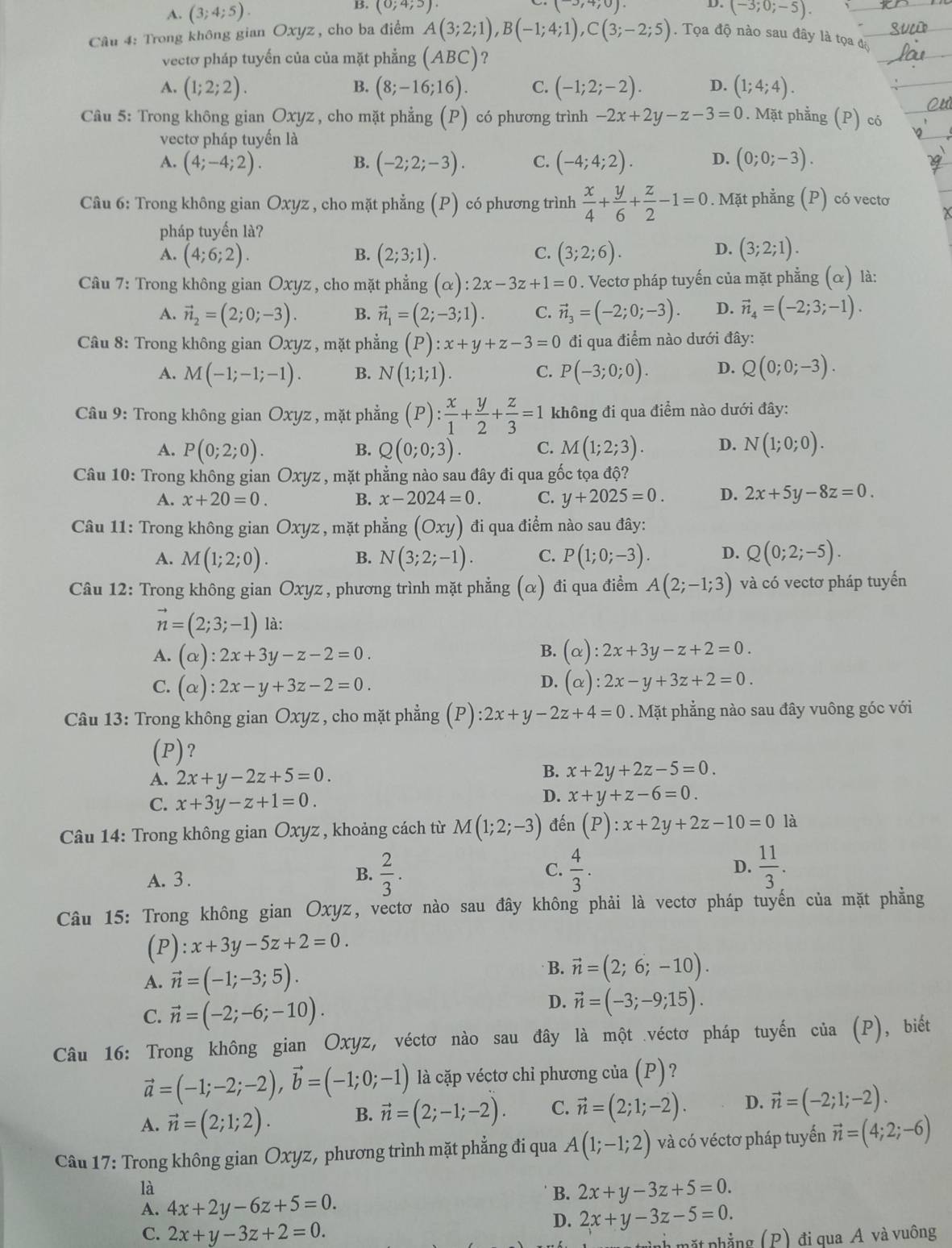 A. (3;4;5). (0;4;5).
(3,7,0) D. (-3;0;-5).
Câu 4: Trong không gian Oxyz, cho ba điểm A(3;2;1),B(-1;4;1),C(3;-2;5).  Tọa độ nào sau đây là tọa độ
vectơ pháp tuyến của của mặt phẳng (ABC) ?
A. (1;2;2). B. (8;-16;16). C. (-1;2;-2). D. (1;4;4).
Câu 5: Trong không gian Oxyz, cho mặt phẳng (P) có phương trình -2x+2y-z-3=0. Mặt phẳng (P) có
vectơ pháp tuyến là
A. (4;-4;2). (-2;2;-3). C. (-4;4;2). D. (0;0;-3).
B.
Câu 6: Trong không gian Oxyz , cho mặt phẳng (P) có phương trình  x/4 + y/6 + z/2 -1=0. Mặt phẳng (P) có vectơ
pháp tuyến là?
A. (4;6;2). B. (2;3;1). (3;2;6). (3;2;1).
C.
D.
Câu 7: Trong không gian Oxyz , cho mặt phẳng (alpha ):2x-3z+1=0. Vectơ pháp tuyến của mặt phẳng (α) là:
A. vector n_2=(2;0;-3). B. vector n_1=(2;-3;1). C. vector n_3=(-2;0;-3). D. vector n_4=(-2;3;-1).
Câu 8: Trong không gian Oxyz , mặt phẳng (P):x+y+z-3=0 đi qua điểm nào dưới đây:
A. M(-1;-1;-1). B. N(1;1;1). C. P(-3;0;0). D. Q(0;0;-3).
Cầu 9: Trong không gian Oxyz , mặt phẳng (P): x/1 + y/2 + z/3 =1 không đi qua điểm nào dưới đây:
A. P(0;2;0). Q(0;0;3). C. M(1;2;3). D. N(1;0;0).
B.
Câu 10: Trong không gian Oxyz , mặt phẳng nào sau đây đi qua gốc tọa độ?
A. x+20=0. B. x-2024=0. C. y+2025=0. D. 2x+5y-8z=0.
Câu 11: Trong không gian Oxyz, mặt phẳng (Oxy) đi qua điểm nào sau đây:
A. M(1;2;0). B. N(3;2;-1). C. P(1;0;-3). D. Q(0;2;-5).
Câu 12: Trong không gian Oxyz , phương trình mặt phẳng (α) đi qua điểm A(2;-1;3) và có vectơ pháp tuyến
vector n=(2;3;-1) là:
B.
A. (alpha ):2x+3y-z-2=0. (alpha ):2x+3y-z+2=0.
D.
C. (alpha ):2x-y+3z-2=0. (alpha ):2x-y+3z+2=0.
Câu 13: Trong không gian Oxyz , cho mặt phẳng (P):2x+y-2z+4=0. Mặt phẳng nào sau đây vuông góc với
(P)?
A. 2x+y-2z+5=0.
B. x+2y+2z-5=0.
C. x+3y-z+1=0.
D. x+y+z-6=0.
* Câu 14: Trong không gian Oxyz , khoảng cách từ M(1;2;-3) đến (P):x+2y+2z-10=0 là
A. 3 . B.  2/3 . C.  4/3 . D.  11/3 .
Câu 15: Trong không gian Oxyz, vectơ nào sau đây không phải là vectơ pháp tuyến của mặt phẳng
:x+3y-5z+2=0.
P
A. vector n=(-1;-3;5).
B. vector n=(2;6;-10).
C. vector n=(-2;-6;-10).
D. vector n=(-3;-9;15).
Câu 16: Trong không gian Oxyz, véctơ nào sau đây là một .véctơ pháp tuyến của (P), biết
vector a=(-1;-2;-2),vector b=(-1;0;-1) là cặp véctơ chi phương của (P)?
A. vector n=(2;1;2). B. vector n=(2;-1;-2). C. vector n=(2;1;-2). D. vector n=(-2;1;-2).
Câu 17: Trong không gian Oxyz, phương trình mặt phẳng đi qua A(1;-1;2) và có véctơ pháp tuyến vector n=(4;2;-6)
là
A. 4x+2y-6z+5=0.
B. 2x+y-3z+5=0.
C. 2x+y-3z+2=0.
D. 2x+y-3z-5=0.
à h  mặt phẳng (P) đi qua A và vuông