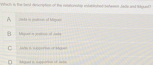 Which is the best description of the relationship established between Jada and Miguel?
A₹ Jada is jealous of Miguel.
B Miguel is jealous of Jada.
C Jada is supportive of Miguel.
D Miguel is supportive of Jada.