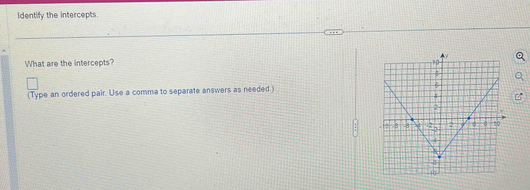 Identify the intercepts. 
What are the intercepts? 
(Type an ordered pair. Use a comma to separate answers as needed.)