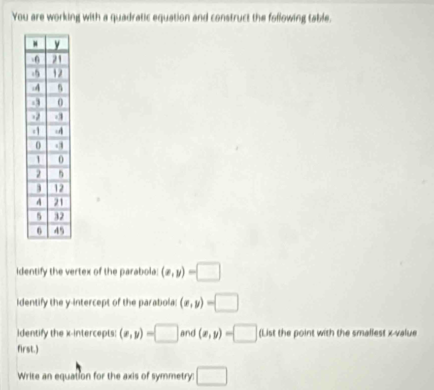 You are working with a quadratic equation and construct the following table, 
identify the vertex of the parabola: (x,y)=□
identify the y-intercept of the parabola (x,y)=□
dentify the x-intercepts: (x,y)=□ and (x,y)=□ (List the point with the smallest x value 
first.) 
Write an equation for the axis of symmetry: □