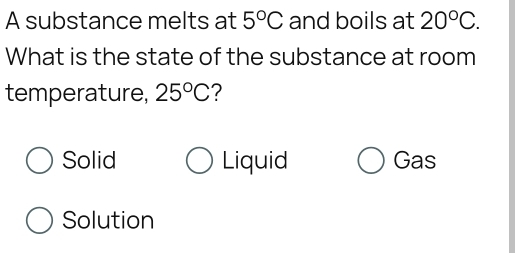 A substance melts at 5°C and boils at 20°C. 
What is the state of the substance at room
temperature, 25°C ?
Solid Liquid Gas
Solution