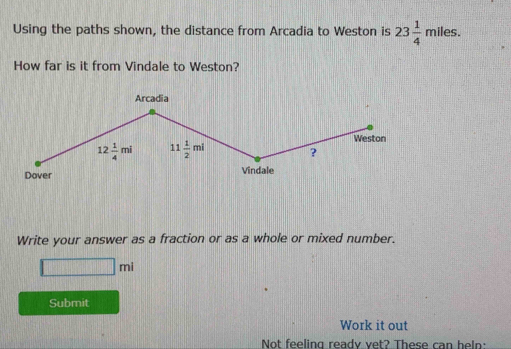 Using the paths shown, the distance from Arcadia to Weston is 23 1/4  mile: S. 
How far is it from Vindale to Weston? 
Arcadia 
Weston
12 1/4 mi 11 1/2 mi ? 
Dover Vindale 
Write your answer as a fraction or as a whole or mixed number.
□ mi
Submit 
Work it out 
Not feeling ready vet? These can heln: