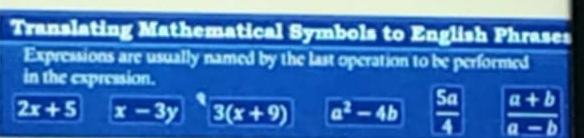 Translating Mathematical Symbols to English Phrases
Expressions are usually named by the last operation to be performed
in the expression.
2x+5 x-3y 3(x+9) a^2-4b  Sa/4   (a+b)/a-b 