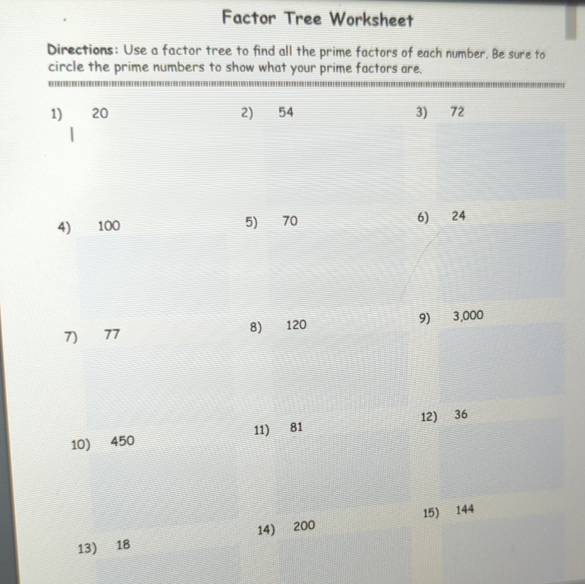 Solved: Factor Tree Worksheet Directions: Use a factor tree to find all ...