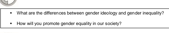 What are the differences between gender ideology and gender inequality? 
How will you promote gender equality in our society?