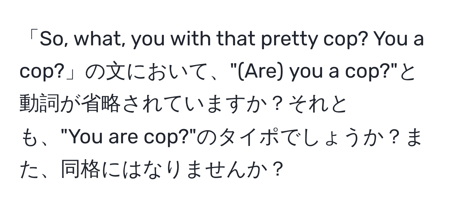 「So, what, you with that pretty cop? You a cop?」の文において、"(Are) you a cop?"と動詞が省略されていますか？それとも、"You are cop?"のタイポでしょうか？また、同格にはなりませんか？