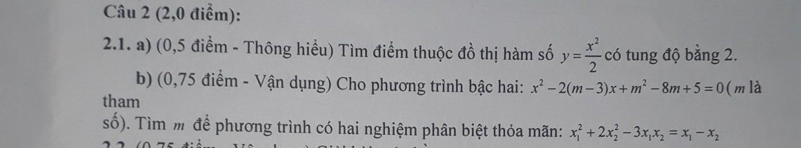 (2,0 điểm):
2.1. a) (0,5 điểm - Thông hiểu) Tìm điểm thuộc đồ thị hàm số y= x^2/2 c6 tung độ bằng 2.
b) (0,75 điểm - Vận dụng) Cho phương trình bậc hai: x^2-2(m-3)x+m^2-8m+5=0 ( m là
tham
số). Tìm m để phương trình có hai nghiệm phân biệt thỏa mãn: x_1^(2+2x_2^2-3x_1)x_2=x_1-x_2