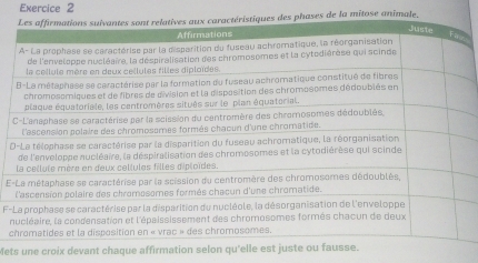 a mitose animale. 
D 
E 
F- 
n 
c 
Mets une croix devant chaque affirmation selon qu'elle es