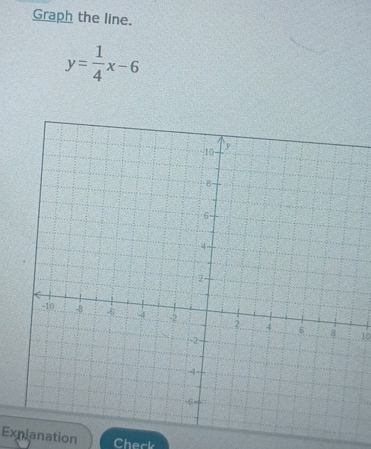 Graph the line.
y= 1/4 x-6
10 
Expianation Check