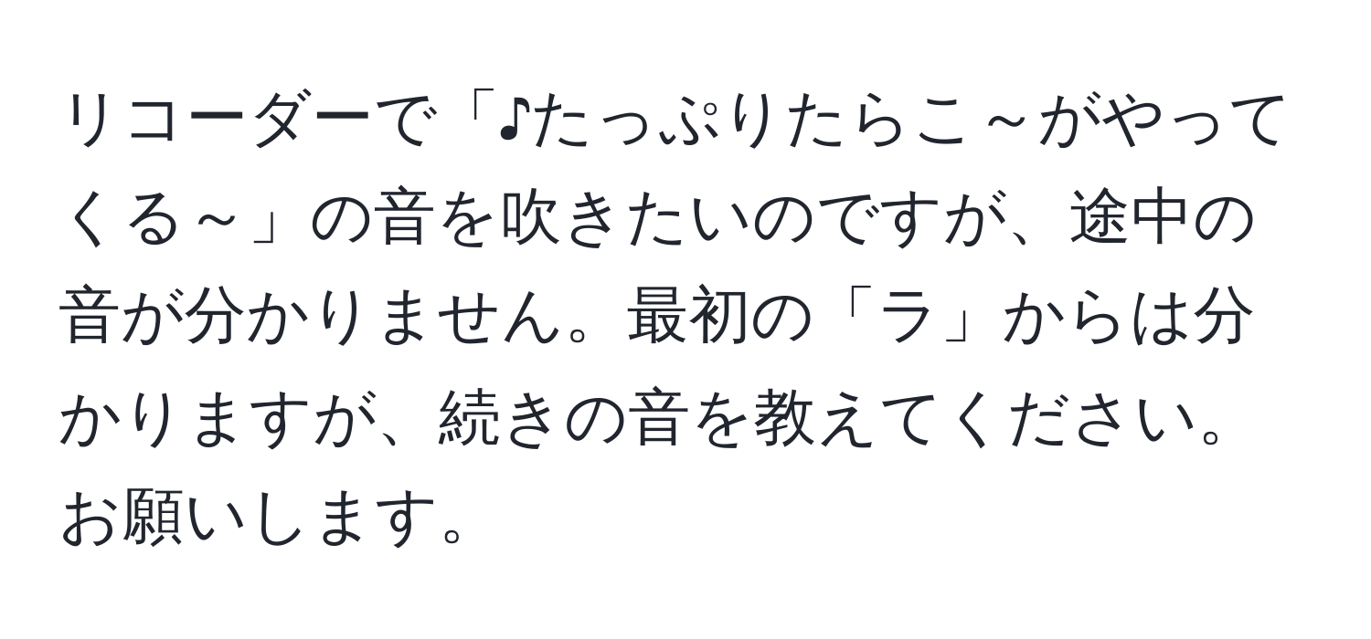 リコーダーで「♪たっぷりたらこ～がやってくる～」の音を吹きたいのですが、途中の音が分かりません。最初の「ラ」からは分かりますが、続きの音を教えてください。お願いします。