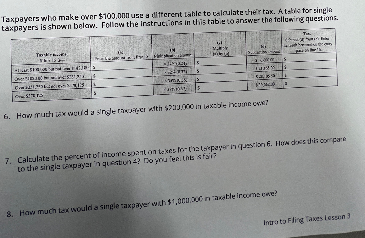 Solved: Taxpayers who make over $100,000 use a different table to ...
