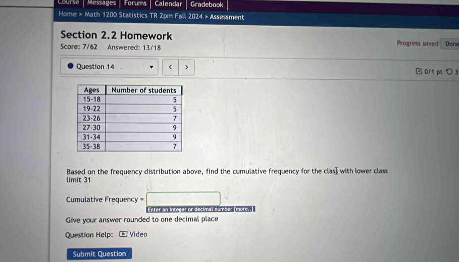 Course Messages Forums Calendar Gradebook 
Home > Math 1200 Statistics TR 2pm Fall 2024 > Assessment 
Section 2.2 Homework Progress saved Done 
Score: 7/62 Answered: 13/18 
Question 14 □ 0/1 pt つ 3 
Based on the frequency distribution above, find the cumulative frequency for the clast with lower class 
limit 31
Cumulative Frequency =□
Enter an integer or decimal number (more..] 
Give your answer rounded to one decimal place 
Question Help: • Video 
Submit Question