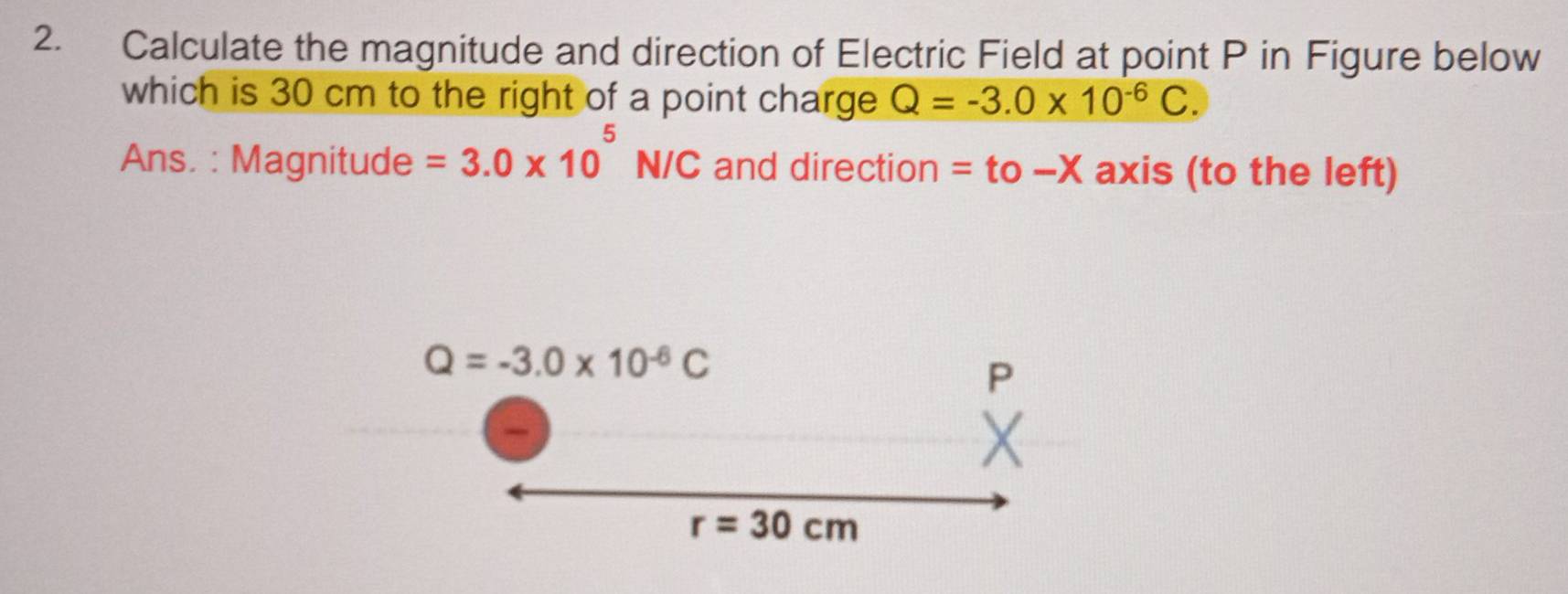 Calculate the magnitude and direction of Electric Field at point P in Figure below 
which is 30 cm to the right of a point charge Q=-3.0* 10^(-6)C. 
Ans. : Magnitude =3.0* 10^5N/C and direction =to-X axis (to the left)
Q=-3.0* 10^(-6)C
P
r=30cm