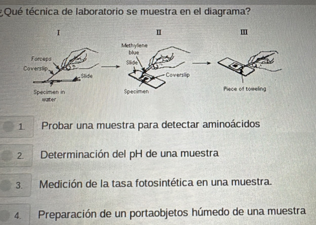 ¿ Qué técnica de laboratorio se muestra en el diagrama? 
I 
Ⅱ 
m 
1 Probar una muestra para detectar aminoácidos 
2. Determinación del pH de una muestra 
3. Medición de la tasa fotosintética en una muestra. 
4. Preparación de un portaobjetos húmedo de una muestra