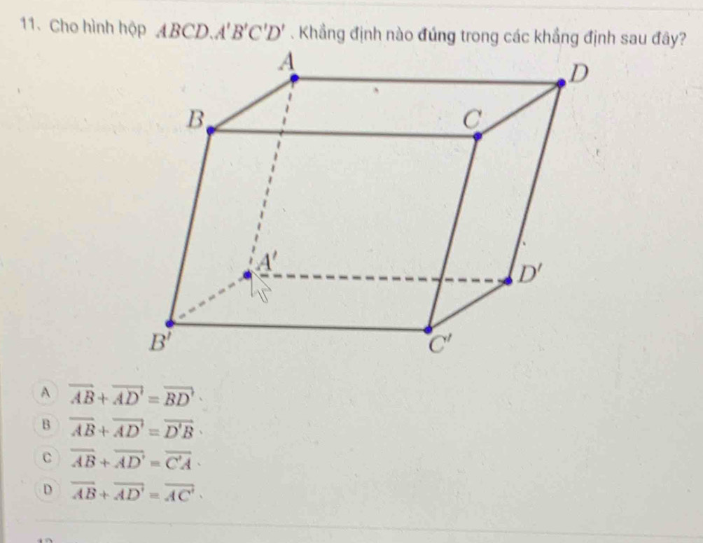 Cho hình hộp A ABCD.A'B'C'D'
A vector AB+vector AD'=vector BD'
B overline AB+overline AD'=overline D'B
C overline AB+overline AD'=overline C'A
D overline AB+overline AD'=overline AC'.