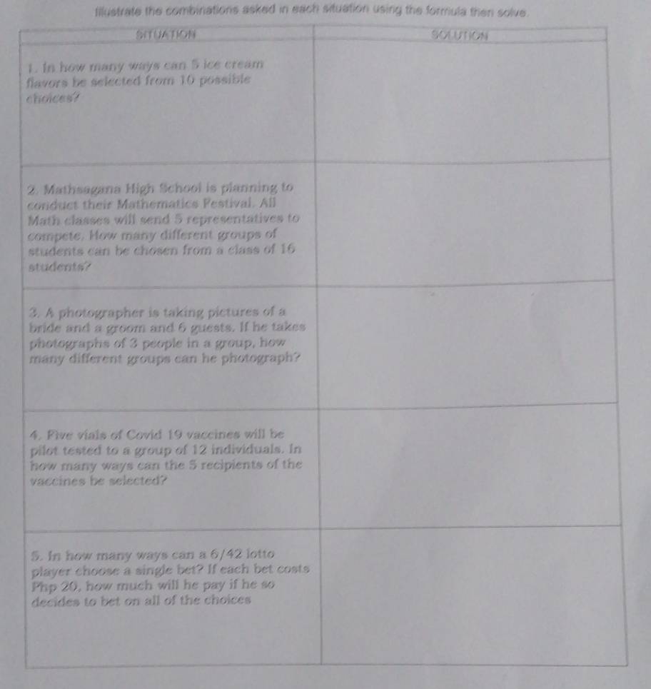 filustrate the combinations asked in each situation using the formula then solve. 
SETUATION SOLUTI 
1 
fl 
c 
2 
c
M
c 
s 
s 
3
b
p
m
4
p
h
v
5
P