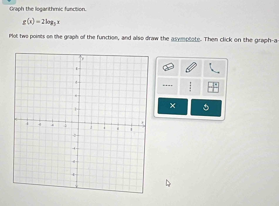 Graph the logarithmic function.
g(x)=2log _3x
Plot two points on the graph of the function, and also draw the asymptote. Then click on the graph-a 
---- 
×