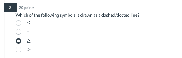 2 20 points
Which of the following symbols is drawn as a dashed/dotted line?

=