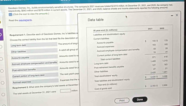 Geodesic Domes, Inc., builds environmentally sensitive structures. The company's 2021 revenues fotaled $2,815 million. At December 31, 2021, and 2020, the company had, 
respectively, $643 million and $578 million in current assets. The December 31, 2021, and 2020, balance sheets and income statements reported the following amounts 
(Click the icon to view the amounts.) 
Read the requirements. Data table 
2021 2020 
Requirement 1. Describe each of Geodesic Domes, Inc.'s liabilities a At year-end (In millions) 
Liabilities and stockholders' equity 
Choose the correct liability from the list that best fits the description pr Current labilities 178
Long-term debt The amount of long-t Accounts payable $ 140 $ 185
Accrued expenses 163
Other liabilities A catch-all group of Accrued employee compensation and benefits 49 29
19 24
Accounts payable Amounts owed to su Current portion of long-term dabt
371 410
1,489 1,315
Accrued employee compensation and benefits Amounts owed to er Total current labilities 
Long-term debt 127
Post-retirement benefits Amounts owed for p Post-retirement benefits payable 163
2.420 1,681
Current portion of long-term debt The next year's pay! Other llabilities 27
21
Total stockholders' equity
3.506
Accrued expenses Expenses that the c Total Sabilities and stockholders' equity 
Requirement 2. What were the company's total assets at December 3 Year-end (in millions) 
The total assets at December 31, 2021 were million. Cost of goods sold $ 2.703 $ 2.896
Print Done