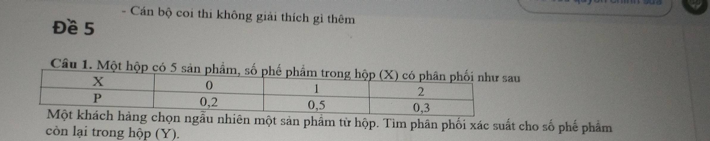 Cán bộ coi thi không giải thích gì thêm 
Đề 5
Câu 1. Một hộp có 5 sản phẩm, số phế phẩu 
ngẫu nhiên một sản phẩm từ hộp. Tìm phân phối xác suất cho số phế phẩm 
còn lại trong hộp (Y).