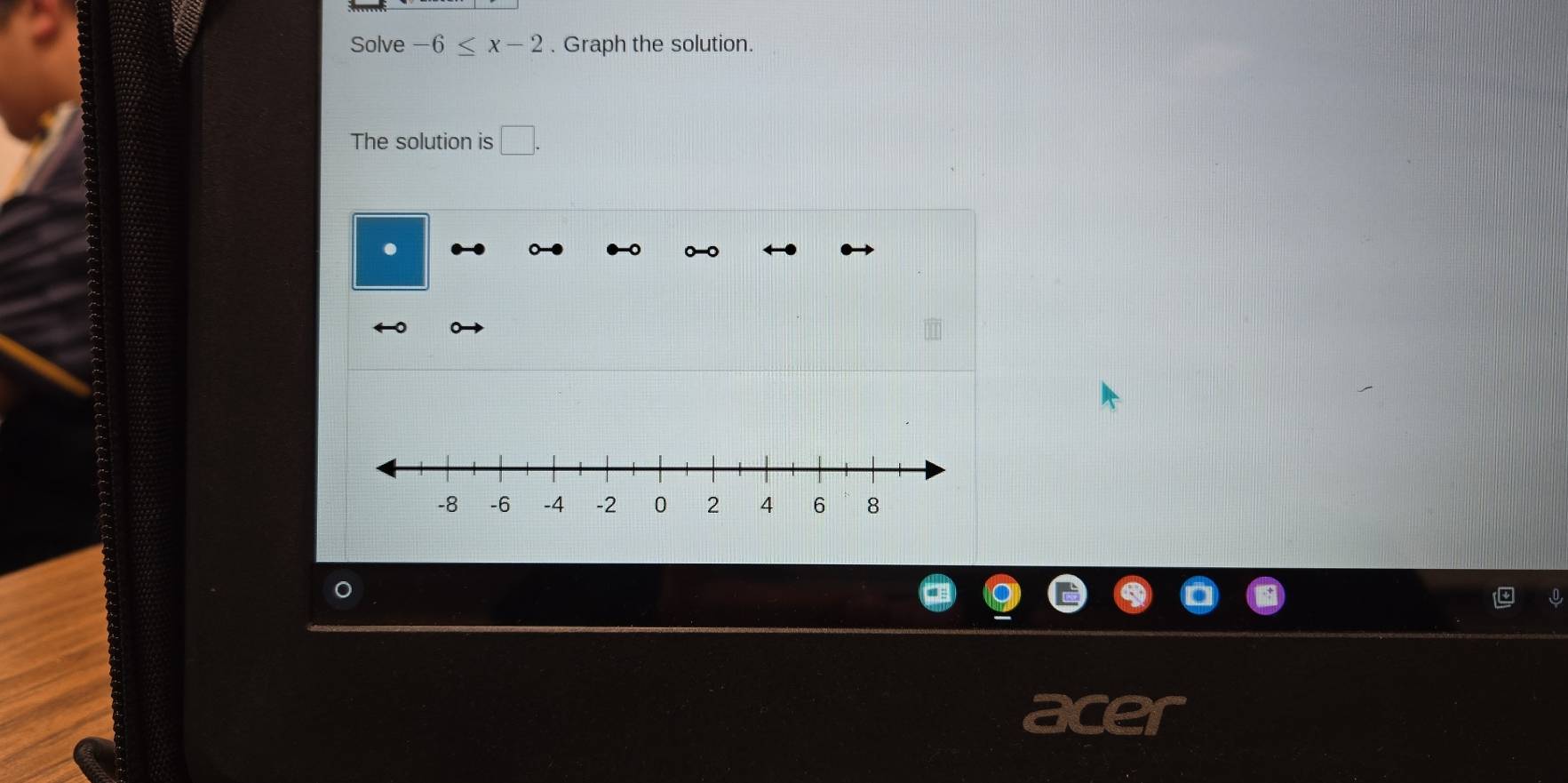 Solve -6≤ x-2. Graph the solution. 
The solution is □ . 
.