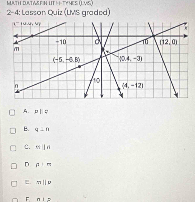 MATH DATA&FIN LIT H-TYNES (LMS)
2-4 : Lesson Quiz (LMS graded)
A. pparallel q
B. q⊥ n
C. mbeginvmatrix endvmatrix n
D. p⊥ m
E. mparallel p
F. n⊥ p