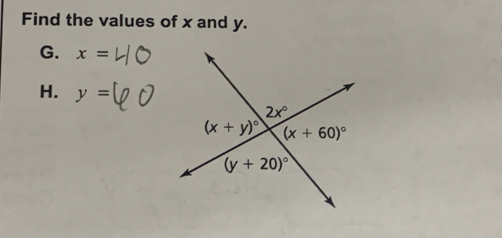 Find the values of x and y.
G. x=
H. y=