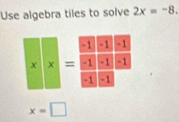 Use algebra tiles to solve 2x=-8. 
=
x=□