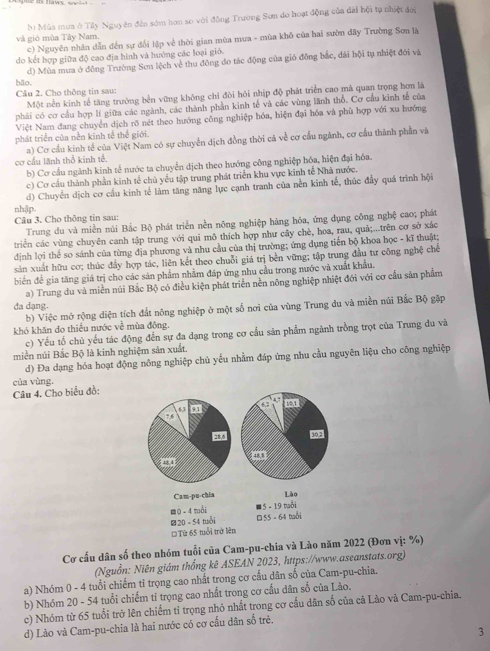b) Mùa mưa ở Tây Nguyên đền sớm hơn so với động Trường Sơn do hoạt động của dài hội tụ nhiệt đới
và gió mùa Tây Nam.
c) Nguyên nhân dẫn đến sự đổi lập về thời gian mùa mưa - mùa khô của hai sườn dãy Trường Sơn là
do kết hợp giữa độ cao địa hình và hướng các loại gió.
d) Mùa mưa ở đông Trường Sơn lệch về thu đông do tác động của gió đông bắc, dải hội tụ nhiệt đới và
bāo,
Câu 2. Cho thông tin sau:
Một nền kinh tế tăng trưởng bền vững không chỉ đòi hỏi nhịp độ phát triển cao mà quan trọng hơn là
phải có cơ cấu hợp lí giữa các ngành, các thành phần kinh tế v và các vùng lãnh thổ. Cơ cấu kinh tế của
Việt Nam đang chuyển dịch rõ nét theo hướng công nghiệp hóa, hiện đại hóa và phù hợp với xu hướng
phát triền của nền kinh tế thế giới.
a) Cơ cấu kinh tế của Việt Nam có sự chuyền dịch đồng thời cả về cơ cấu ngành, cơ cấu thành phần và
cơ cấu lãnh thổ kinh tế.
b) Cơ cấu ngành kinh tế nước ta chuyền dịch theo hướng công nghiệp hóa, hiện đại hóa.
c) Cơ cầu thành phần kinh tế chủ yếu tập trung phát triển khu vực kinh tế Nhà nước.
d) Chuyển dịch cơ cấu kinh tế làm tăng năng lực cạnh tranh của nền kinh tế, thúc đầy quá trình hội
nhập.
Câu 3. Cho thông tin sau:
Trung du và miền núi Bắc Bộ phát triển nền nông nghiệp hàng hóa, ứng dụng công nghệ cao; phát
triển các vùng chuyên canh tập trung với qui mô thích hợp như cây chè, hoa, rau, quả;...trên cơ sở xác
định lợi thế so sánh của từng địa phương và nhu cầu của thị trường; ứng dụng tiến bộ khoa học - kĩ thuật;
sản xuất hữu cơ; thúc đầy hợp tác, liên kết theo chuỗi giá trị bền vững; tập trung đầu tư công nghệ chế
biến đề gia tăng giá trị cho các sản phẩm nhằm đáp ứng nhu cầu trong nước và xuất khẩu.
a) Trung du và miền núi Bắc Bộ có điều kiện phát triển nền nông nghiệp nhiệt đới với cơ cấu sản phẩm
đa dạng.
b) Việc mở rộng diện tích đất nông nghiệp ở một số nơi của vùng Trung du và miền núi Bắc Bộ gặp
khó khăn do thiếu nước về mùa đông.
c) Yếu tố chủ yếu tác động đến sự đa dạng trong cơ cấu sản phẩm ngành trồng trọt của Trung du và
miền núi Bắc Bộ là kinh nghiệm sản xuất.
d) Đa dạng hóa hoạt động nông nghiệp chủ yếu nhằm đáp ứng nhu cầu nguyên liệu cho công nghiệp
của vùng.
Câu 4. Cho biểu đồ:
62 47
63 9,1
7.6
28,6 30,2
48,8
48,4
Cam-pu-chia Lào
−0 - 4 tuổi 15 - 19 tuổi
≥20 - 54 tuổi 55 - 64 tuổi
* Từ 65 tuổi trở lên
Cơ cấu dân số theo nhóm tuổi của Cam-pu-chia và Lào năm 2022 (Đơn vị: %)
(Nguồn: Niên giám thống kê ASEAN 2023, https://www.aseanstats.org)
a) Nhóm 0 - 4 tuổi chiếm tỉ trọng cao nhất trong cơ cấu dân số của Cam-pu-chia.
b) Nhóm 20 - 54 tuổi chiếm tỉ trọng cao nhất trong cơ cấu dân số của Lào.
c) Nhóm từ 65 tuổi trở lên chiếm tỉ trọng nhỏ nhất trong cơ cấu dân số của cả Lào và Cam-pu-chia.
d) Lào và Cam-pu-chia là hai nước có cơ cấu dân số trẻ.
3