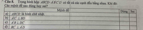 Trong hình hộp ABCD· AB'C * D  có tất cả các cạnh đều bằng nhau. Khi đó:
Các mệnh