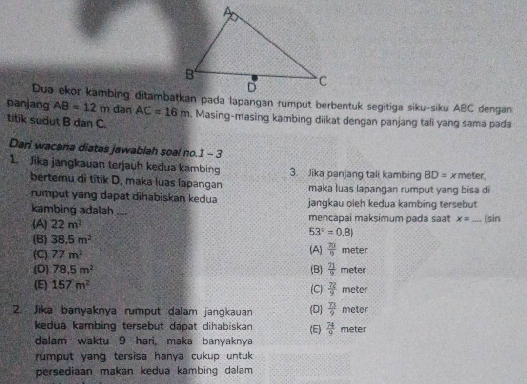 panjang AB=12m dan AC=16m. Masing-masing kambing diikat dengan panjang tali yang sama pada
titik sudut B dan C.
Dari wacana diatas jawablah soal no.1 - 3
1. Jika jangkauan terjauh kedua kambing 3. Jika panjang tali kambing BD= x meter,
bertemu di titik D. maka luas lapangan maka luas lapangan rumput yang bisa di
rumput yang dapat dihabiskan kedua
jangkau oleh kedua kambing tersebut
kambing adalah ....
mencapai maksimum pada saat x=
(A) 22m^2 _(sin
(B) 38,5m^2
53°=0.8)
(A)
(C) 77m^2  70/9  meter
(D) 78.5m^2 (B)  71/9  meter
(E) 157m^2 (C)  72/9  meter
2. Jika banyaknya rumput dalam jangkauan (D)  73/9  meter
kedua kambing tersebut dapat dihabiskan (E)  74/9  meter
dalam waktu 9 hari, maka banyaknya
rumput yang tersisa hanya cukup untuk .
persediaan makan kedua kambing dalam