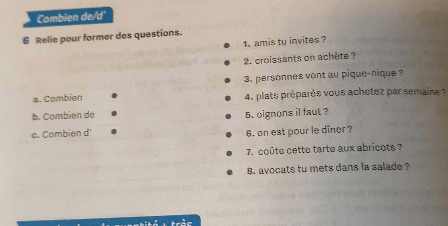 Combien de/d’ 
6 Relie pour former des questions. 
1. amis tu invites ? 
2. croissants on achète ? 
3. personnes vont au pique-nique ? 
a. Combien 
4. plats préparés vous achetez par semaine ? 
b. Combien de 5. oignons il faut ? 
c. Combien d' 6. on est pour le dîner ? 
7. coûte cette tarte aux abricots ? 
8. avocats tu mets dans la salade ?