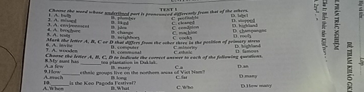 TEST I
Choose the word whose underlined part is pronounced differently from that of the others.
2. A. misaed 1. A. bulb D. iikel B. plumbxr D. stopped
3. A. env]ronment 4. A. broghure D. jJea C. cleaned C prothable D. label
5. A. texty B. neighbors D. change C. machine C. condjtion D. highland D. champangne D. roo
C cooks
Mark the letter A, B, C or D that differs from the other three in the position of primary stress
B. computer
7. A. wooden 6. A. invite B. communal C.ethnic C.minority D. highland
Choose the letter A, B, C, D to indicate the correct answer to each of the following questions. D. famous
A.a few 8.My aunt has tea plantation in Daklak
9.How _D. many C.a D.an 3
A.much_ ethnic groups live on the northern areas of Viet Nam? C. far D.many
B. long
10._ is the Keo Pagoda Festival?
A.When B.What C.Who D.How many