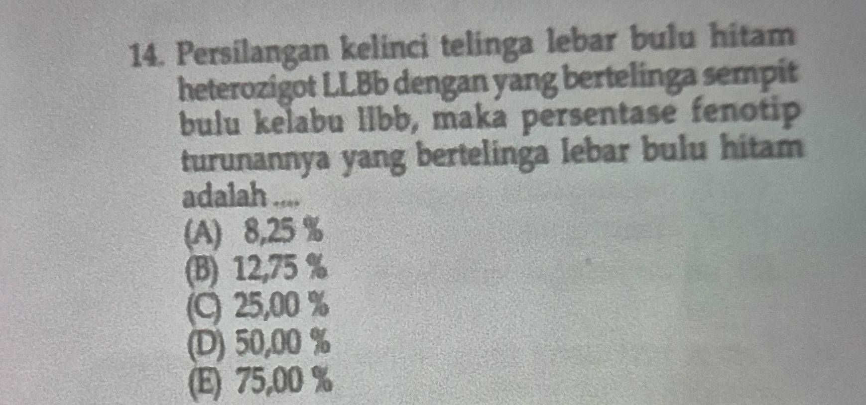 Persilangan kelinci telinga lebar bulu hitam
heterozigot LLBb dengan yang bertelinga sempit
bulu kelabu libb, maka persentase fenotip
turunannya yang bertelinga lebar bulu hitam
adalah ....
(A) 8,25 %
(B) 12,75 %
(C) 25,00 %
(D) 50,00 %
(E) 75,00 %