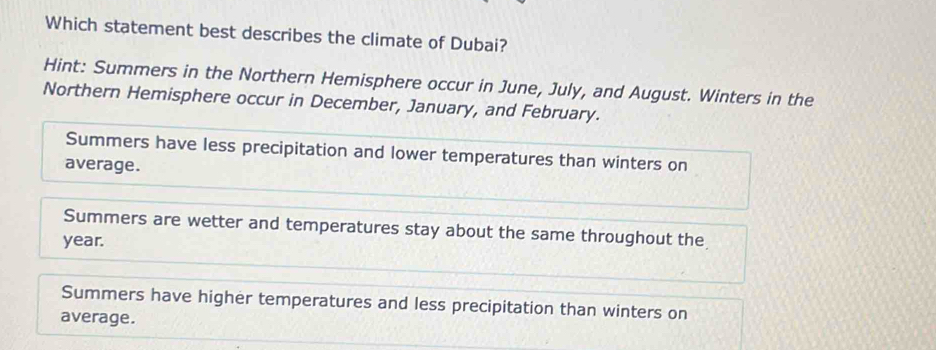 Which statement best describes the climate of Dubai?
Hint: Summers in the Northern Hemisphere occur in June, July, and August. Winters in the
Northern Hemisphere occur in December, January, and February.
Summers have less precipitation and lower temperatures than winters on
average.
Summers are wetter and temperatures stay about the same throughout the
year.
Summers have higher temperatures and less precipitation than winters on
average.