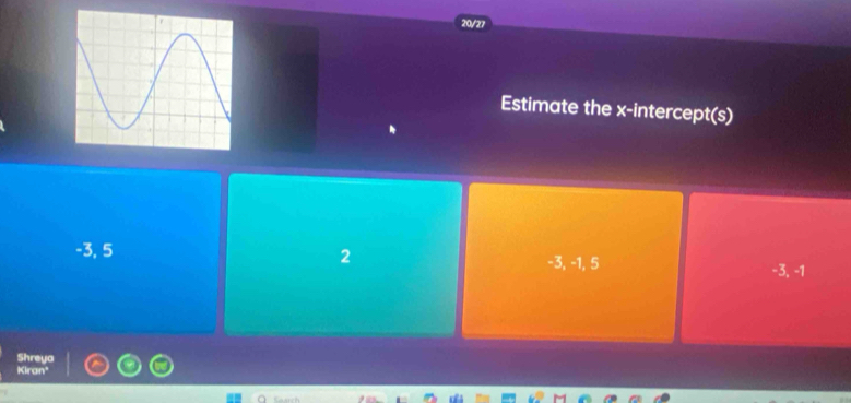 20/27
Estimate the x-intercept(s)
2
-3, 5 -3, -1, 5
-3, -1
Shreya
Kirc