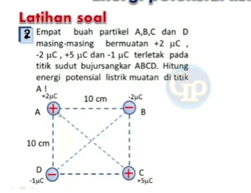 Latihan soal
2 Empat buah partikel A, B, C dan D
masing-masing bermuatan +2 μC ,
-2 µC , +5 µC dan -1 µC terletak pada
titik sudut bujursangkar ABCD. Hitung
energi potensial listrik muatan di titik
A !
+2μC 10 cm -2μC
A +
B
10 cm
D
C
-1μC +5μC