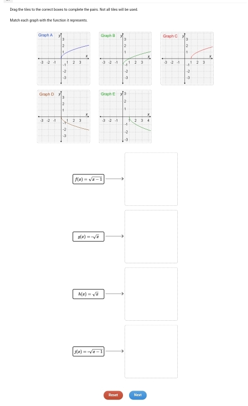 Drag the tiles to the correct boxes to complete the pairs. Not all tiles will be used.
Match each graph with the function it represents.
f(x)=sqrt(x-1)
g(x)=-sqrt(x)
h(x)=sqrt(x)
j(x)=-sqrt(x-1)
Reset Next