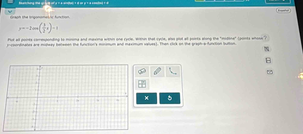 Sketching the gragh of y = a sin(bx) + d or y = a cos(bx) □ :□
E wahol 
Graph the trigonometric function.
y=-2cos ( 3/2 x)-1
Plot all points corresponding to minima and maxima within one cycle. Within that cycle, also plot all points along the "midline" (points whose? 
~coordinates are midway between the function's minimum and maximum values). Then click on the graph-a-function button. 
×