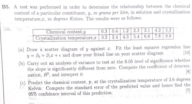 B5. A test was performed in order to determine the relationship between the chemical 
content of a particular constituent, y, in grams per litre, in solution and crystallization 
temperature, x, in degrees Kelvin. The results were as follows: 
B6. 
(a) Draw a scatter diagram of y against x. Fit the least squares regression line
y=beta _0+beta _1x+epsilon and draw your fitted line on your scatter diagram [10] 
(b) Carry out an analysis of variance to test at the 0.05 level of significance whether 
the slope is significantly different from zero. Compute the coefficient of determi- 
nation, R^2 , and interpret it [8] 
(c) Predict the chemical content, y, at the crystallization temperature of 3.6 degrees
Kelvin. Compute the standard error of the predicted value and hence find the
95% confidence interval of this prediction. [7]