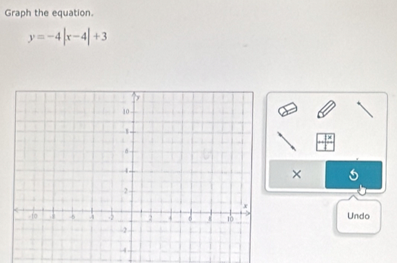 Graph the equation.
y=-4|x-4|+3
x
× 
Undo